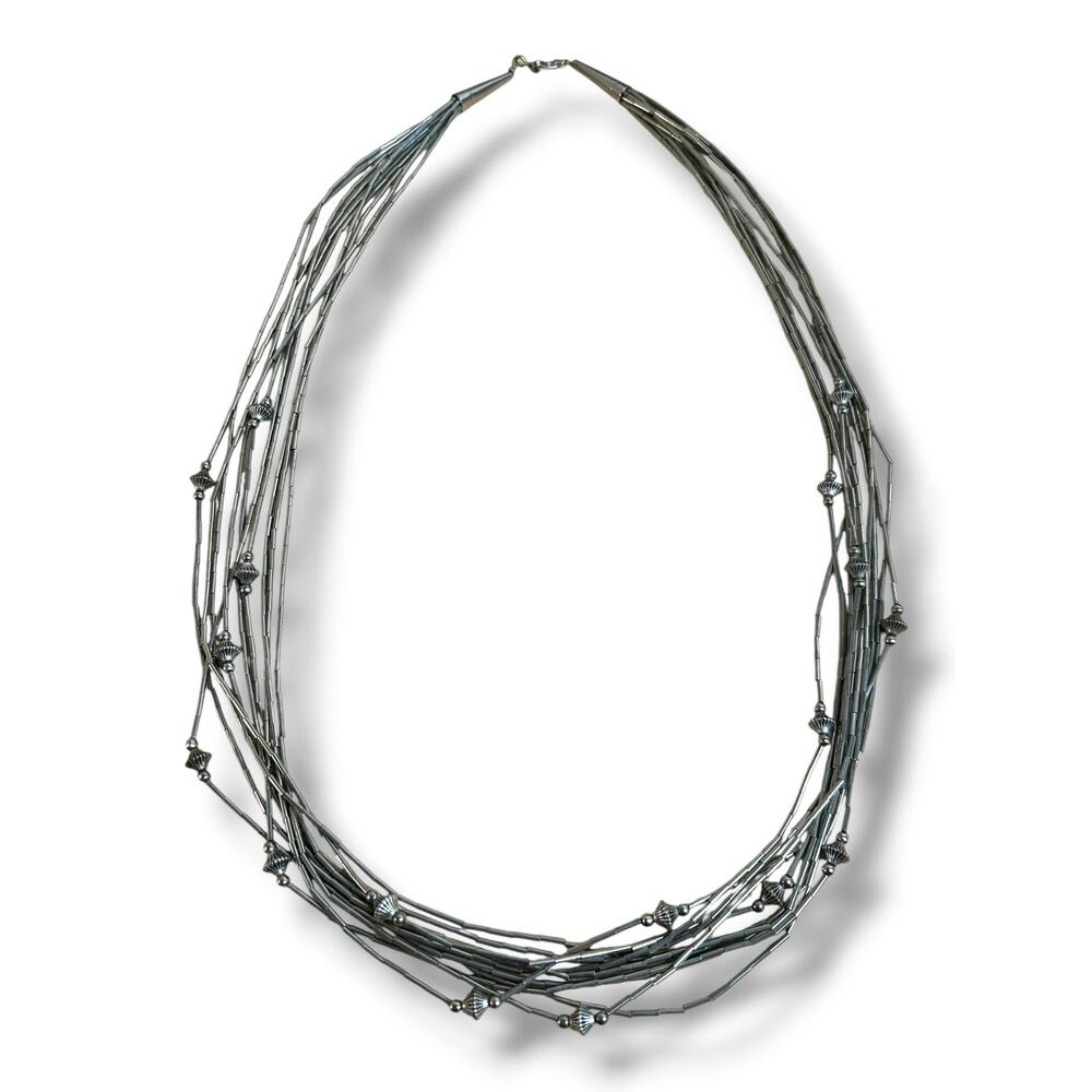 Vintage Silver Tone Multistrand Necklace Liquid Silver Style Beaded Necklace